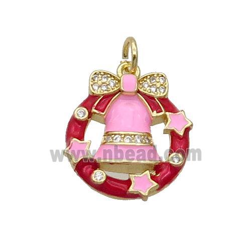 Copper Christmas Bell Pendant Pave Zircon Pink Enamel Gold Plated