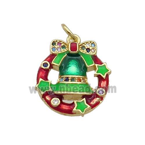 Copper Christmas Bell Pendant Pave Zircon Green Enamel Gold Plated