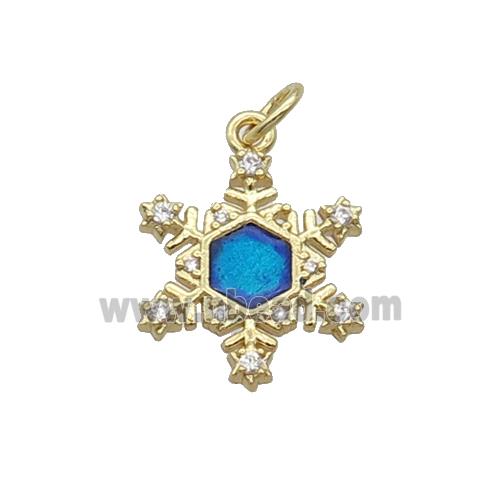 Copper Snowflake Pendant Pave Zircon Blue Enamel Gold Plated