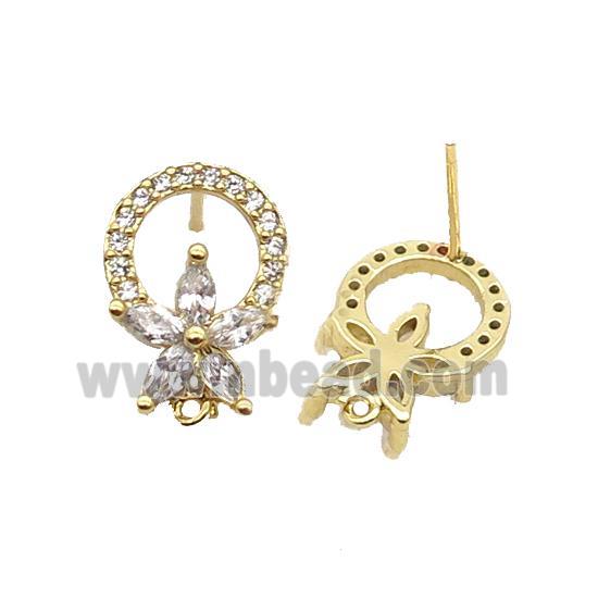 Copper Stud Earring Pave Zircon Flower Gold Plated