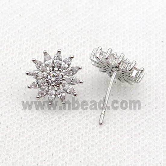 Copper Stud Earring Pave Zircon Sunflower Platinum Plated