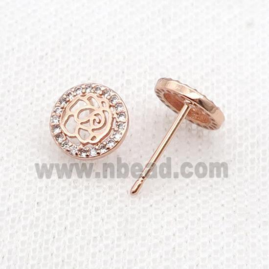 Copper Stud Earring Pave Zircon Flower Rose Gold