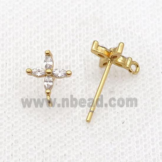 Copper Stud Earring Pave Zircon Cross Gold Plated