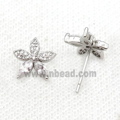 Copper Stud Earring Pave Zircon Flower Platinum Plated