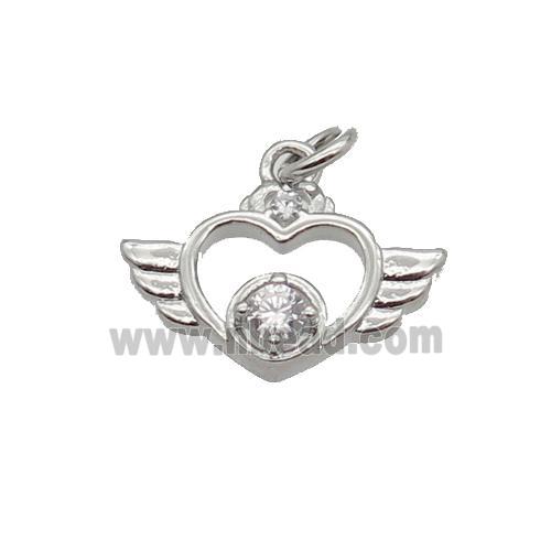 Copper Angel Wing Pendant Pave Zircon Heart Platinum Plated