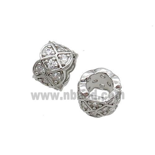Copper Tube Beads Pave Zircon Large Hole Platinum Plated