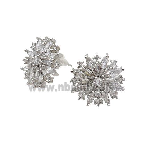 Copper Flower Stud Earring Pave Zircon Platinum Plated