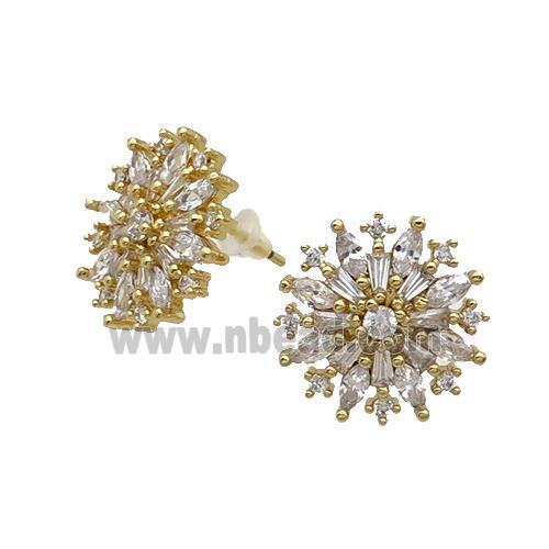 Copper Flower Stud Earring Pave Zircon Gold Plated