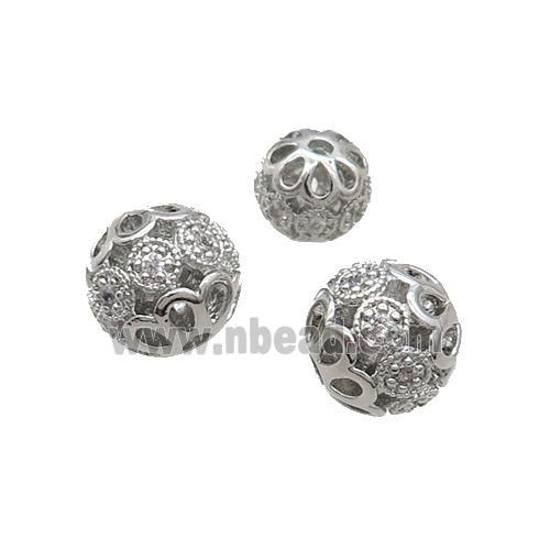Copper Round Beads Pave Zircon Hollow Platinum Plated