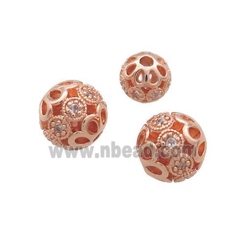 Copper Round Beads Pave Zircon Hollow Rose Gold