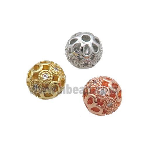 Copper Round Beads Pave Zircon Hollow Mixed