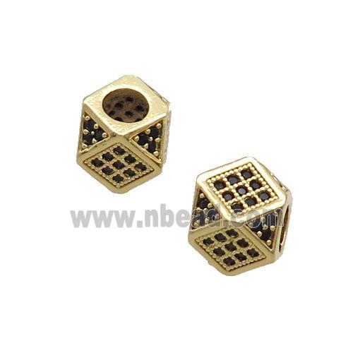 Copper Cube Beads Pave Black Zircon Large Hole Gold Plated