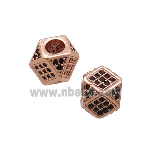 Copper Cube Beads Pave Black Zircon Large Hole Rose Gold