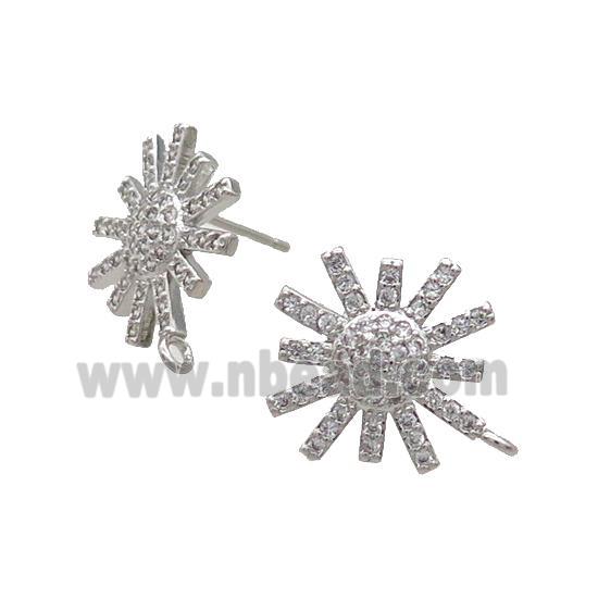 Copper Stud Earring Pave Zircon Flower Platinum Plated