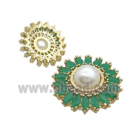Copper Beads Pave Zircon Green Flower Glass Pearlized Gold Plated