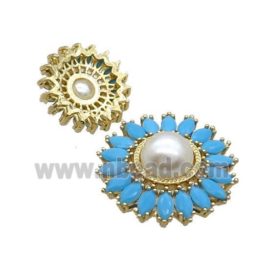 Copper Beads Pave Zircon Blue Flower Glass Pearlized Gold Plated