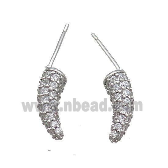 Copper Horn Stud Earring Pave Zircon Platinum Plated