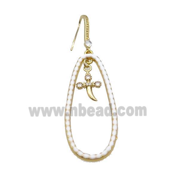 Copper Hook Earring Pave Zircon White Enamel Gold Plated
