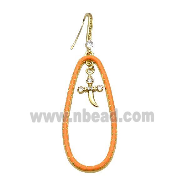 Copper Hook Earring Pave Zircon Orange Enamel Gold Plated