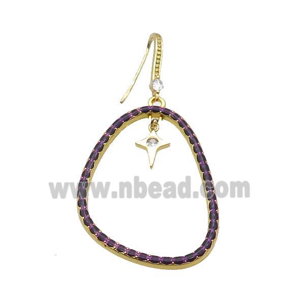 Copper Hook Earring Pave Zircon Purple Enamel Gold Plated