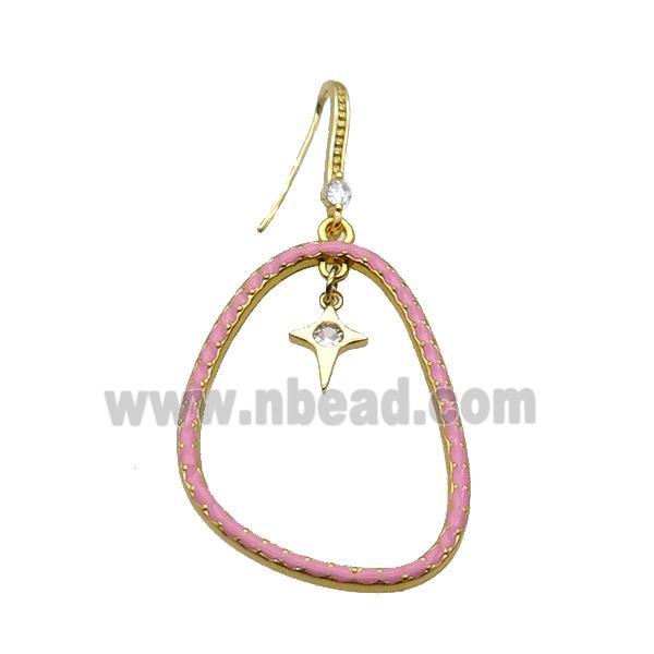Copper Hook Earring Pave Zircon Pink Enamel Gold Plated