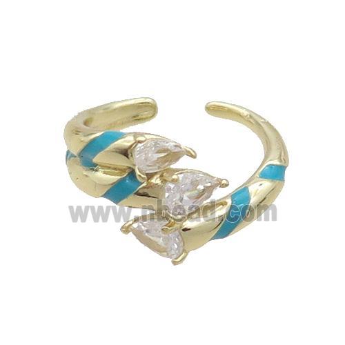 Copper Ring Pave Zircon Teal Enamel Gold Plated