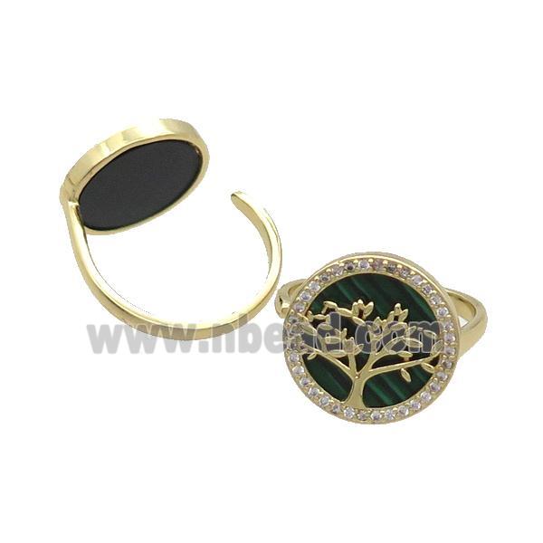 Copper Ring Pave Malachite Zircon Tree Gold Plated