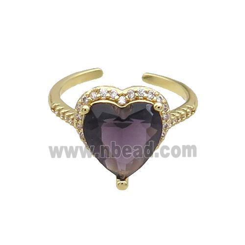 Copper Ring Pave Zircon Purple Crystal Heart Gold Plated