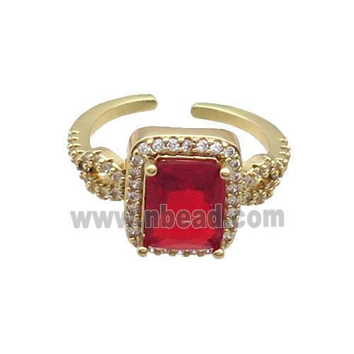 Copper Ring Pave Zircon Red Crystal Rectangle Gold Plated