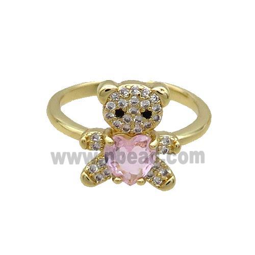 Copper Ring Pave Zircon Pink Crystal Bear Gold Plated