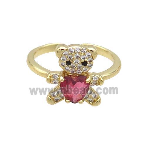 Copper Ring Pave Zircon Red Crystal Bear Gold Plated