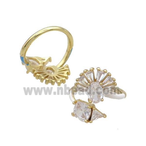 Copper Ring Pave Zircon Clear Crystal White Enamel Gold Plated