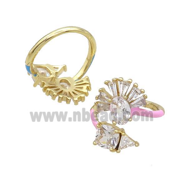 Copper Ring Pave Zircon Clear Crystal Pink Enamel Gold Plated