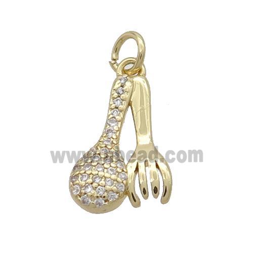 Copper Spoon Fork Charm Pendant Pave Zircon Gold Plated