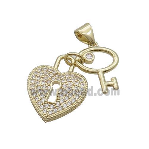 Copper Heart Lock Key Pendant Pave Zircon Gold Plated