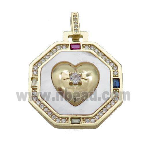 Copper Octagon Heart Pendant Pave Zircon Shell Gold Plated
