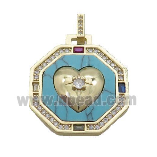 Copper Octagon Heart Pendant Pave Zircon Turquoise Gold Plated