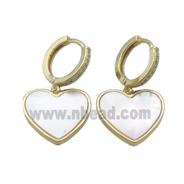 Copper Hoop Earring Pave Zircon White Shell Heart Gold Plated