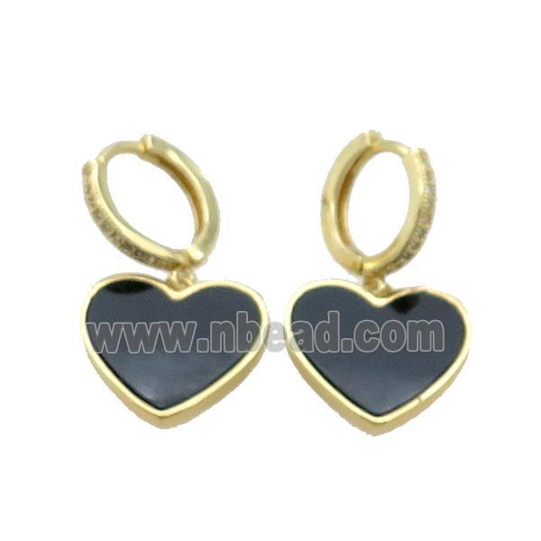 Copper Hoop Earring Pave Zircon Black Agate Heart Gold Plated