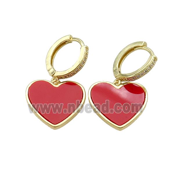 Copper Hoop Earring Pave Zircon Red Agate Heart Gold Plated