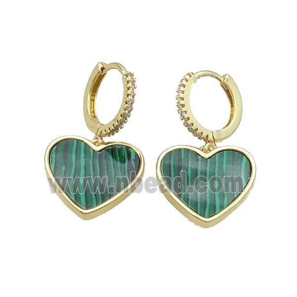 Copper Hoop Earring Pave Zircon Green Malachite Heart Gold Plated