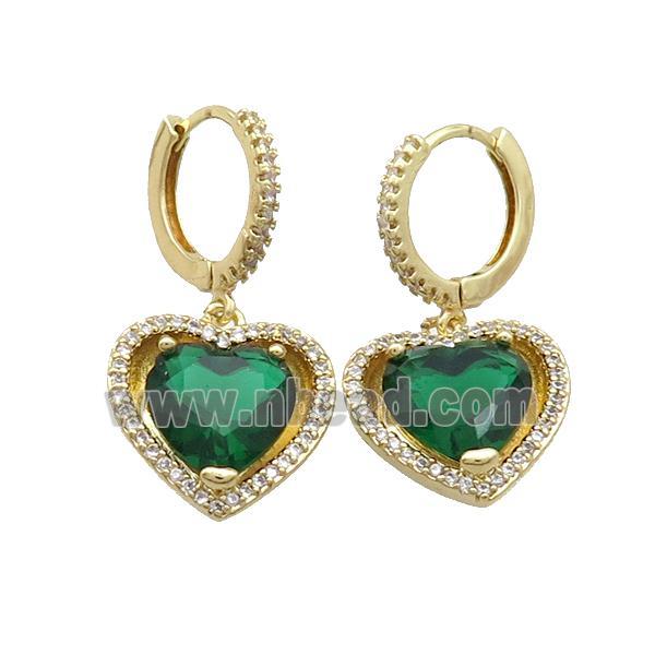 Copper Hoop Earring Pave Green Crystal Heart Gold Plated