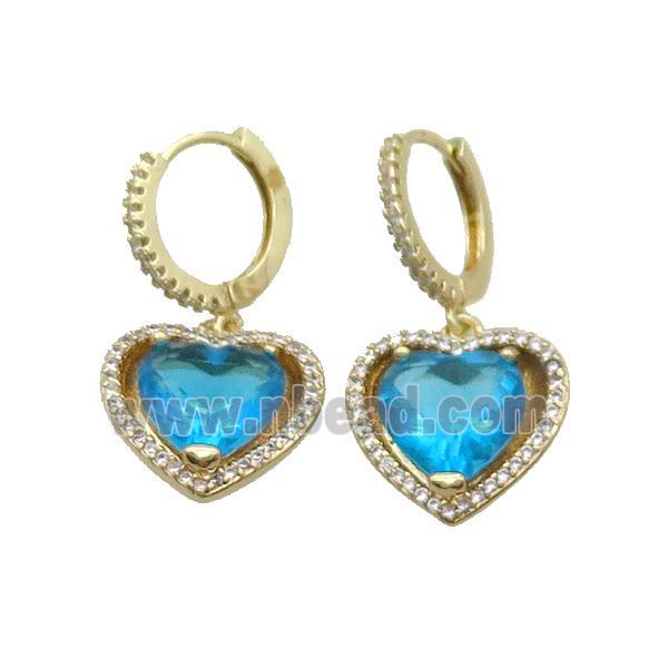 Copper Hoop Earring Pave Aqua Crystal Heart Gold Plated