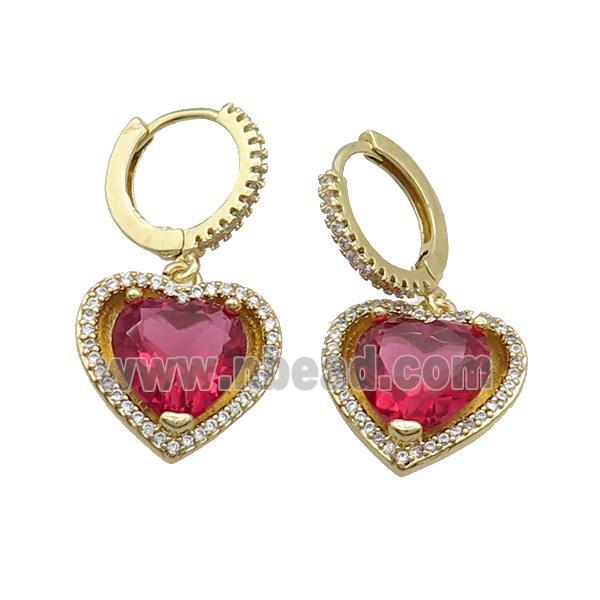 Copper Hoop Earring Pave Red Crystal Heart Gold Plated