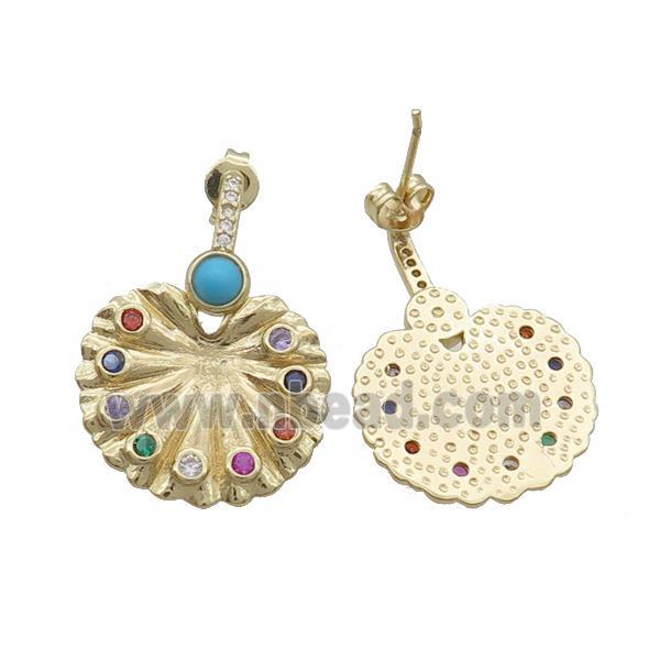 Copper Stud Earring Pave Zircon Peacock Screen Circle Gold Plated