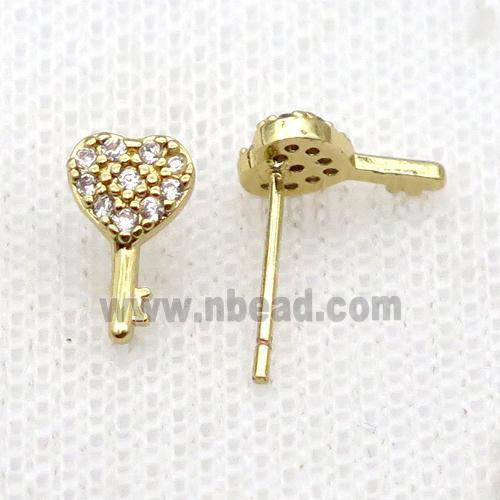 Copper Stud Earring Pave Zircon Key Gold Plated