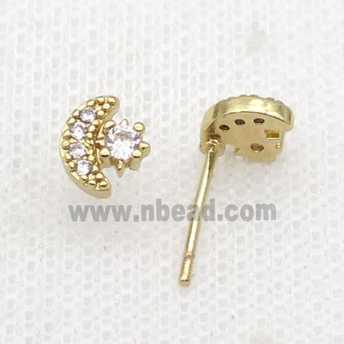 Copper Stud Earring Pave Zircon Moon Gold Plated