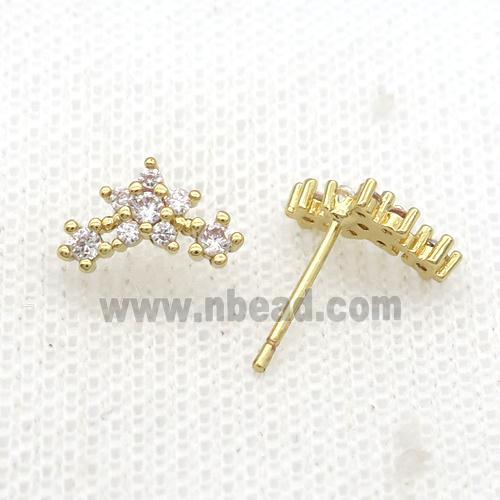 Copper Stud Earring Pave Zircon Crown Gold Plated