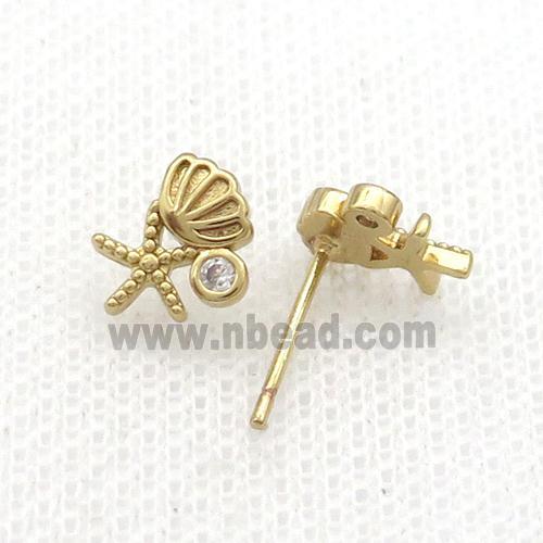 Copper Stud Earring Pave Zircon Starfish Conch Ocean Style Gold Plated