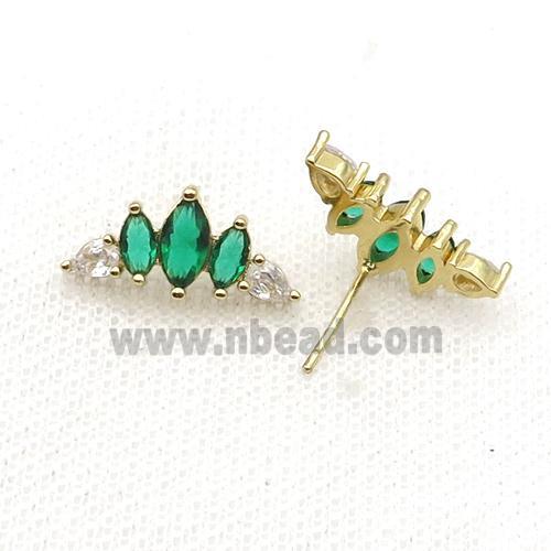 Copper Stud Earring Pave Green Zircon Crown Gold Plated
